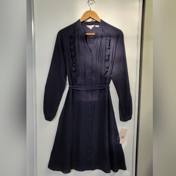 Nanette Lepore Dresses & Skirts - Nanette Lepore Belted Ruffle Navy Shirt Dress